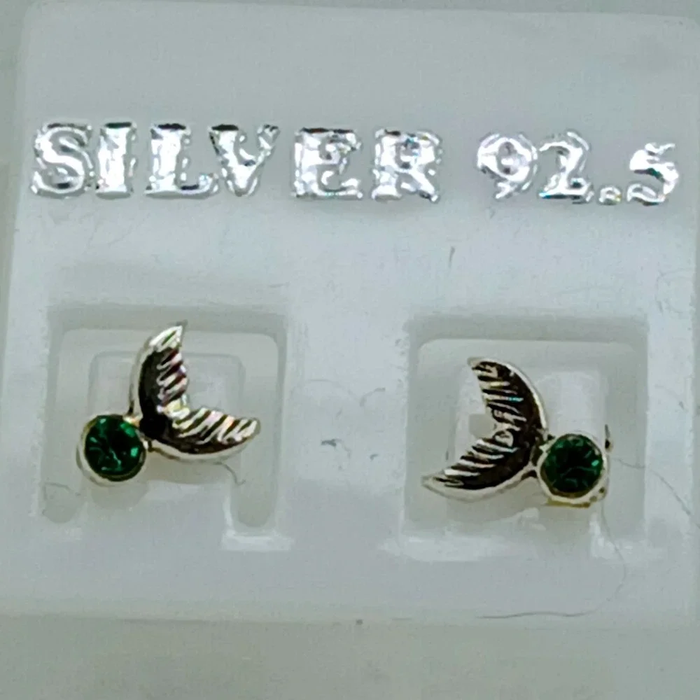 Sterling Silver 925 Mermaid Tail Stud Earrings Green Crystal Nautical Jewelry‎